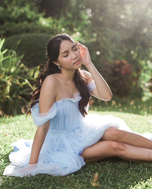 QUIERO/ Queenie Reyes Manzano made a dreamy and dainty dusty blue tulle gown for Kiara Lin Martinez.